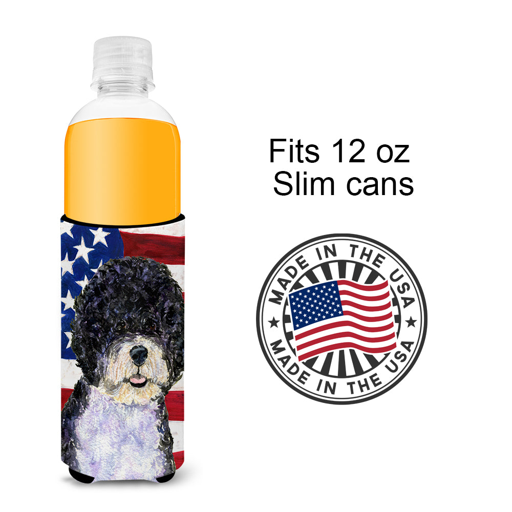 USA American Flag with Portuguese Water Dog Ultra Beverage Insulators for slim cans SS4053MUK