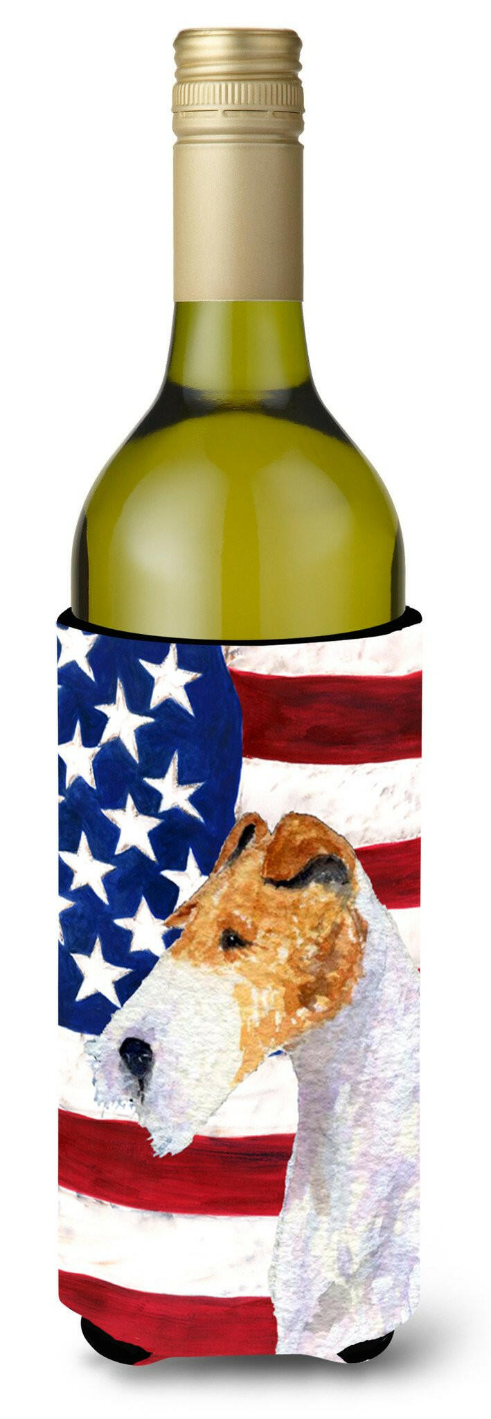 USA American Flag with Fox Terrier Wine Bottle Beverage Insulator Beverage Insulator Hugger SS4057LITERK by Caroline&#39;s Treasures