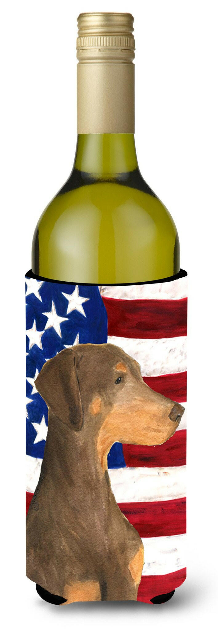 USA American Flag with Doberman Wine Bottle Beverage Insulator Beverage Insulator Hugger SS4058LITERK by Caroline&#39;s Treasures