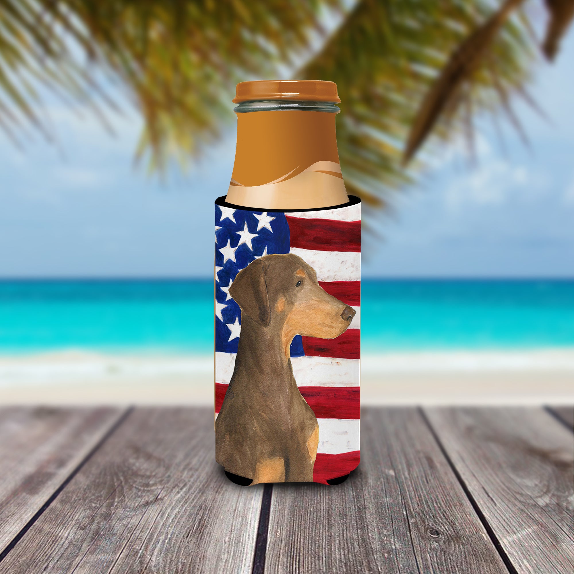 USA American Flag with Doberman Ultra Beverage Insulators for slim cans SS4058MUK.