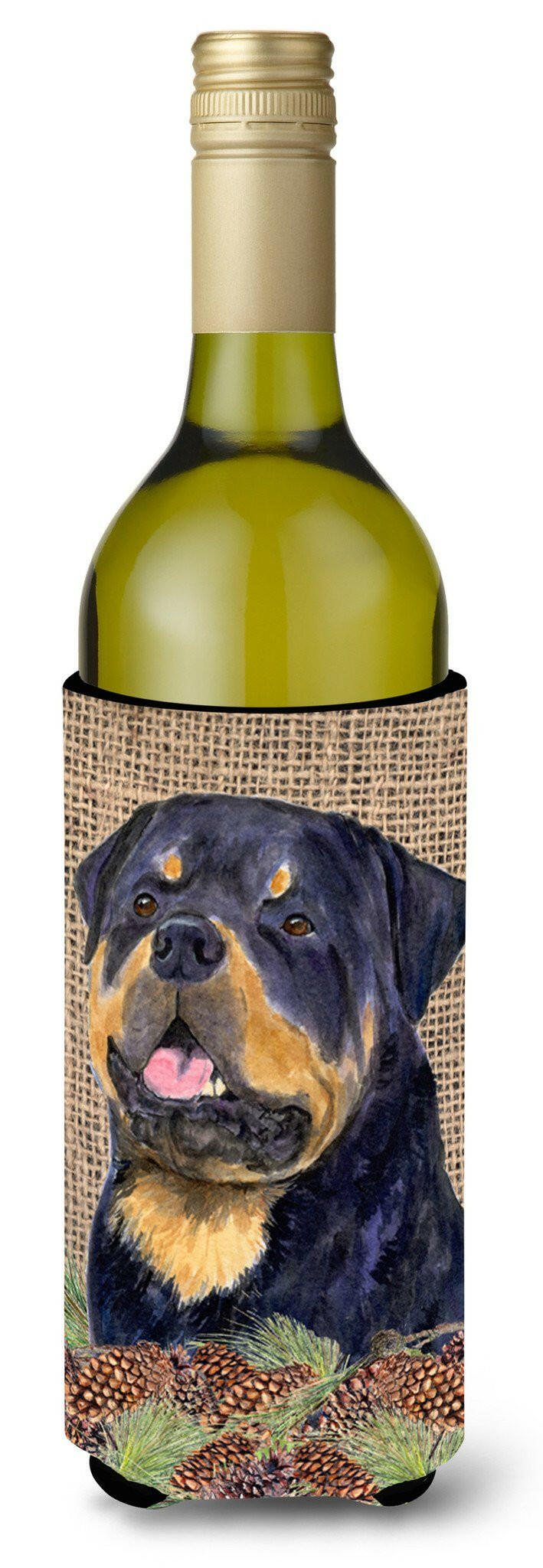 Rottweiler on Faux Burlap with Pine Cones Wine Bottle Beverage Insulator Beverage Insulator Hugger by Caroline&#39;s Treasures