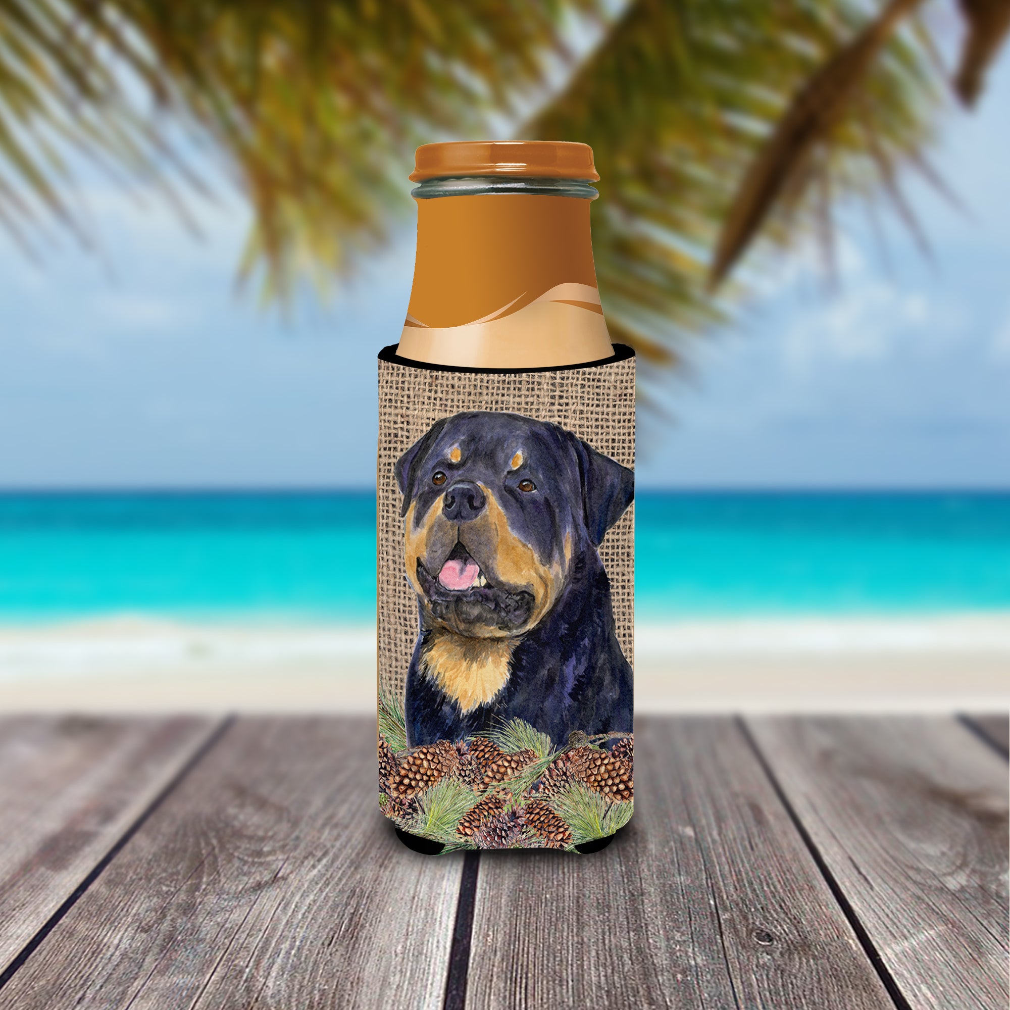 Rottweiler on Faux Burlap with Pine Cones Ultra Beverage Insulators for slim cans SS4059MUK.