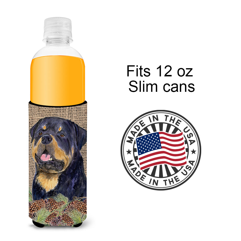 Rottweiler on Faux Burlap with Pine Cones Ultra Beverage Insulators for slim cans SS4059MUK