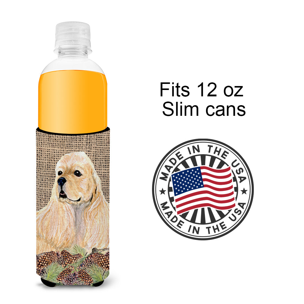 Cocker Spaniel  on Faux Burlap with Pine Cones Ultra Beverage Insulators for slim cans SS4060MUK.