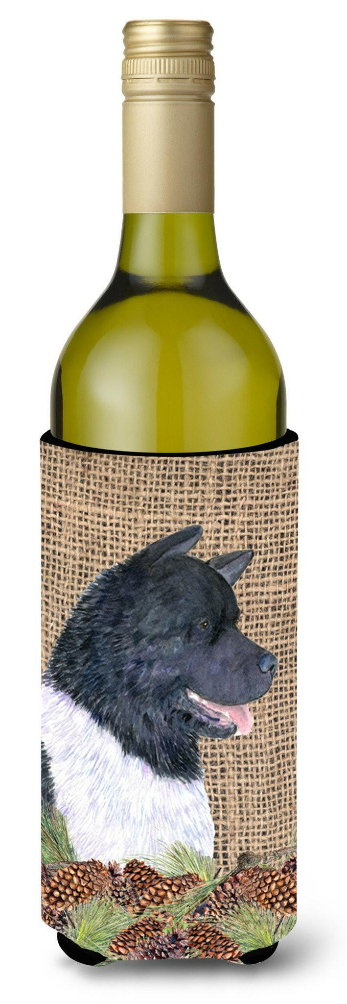 Akita on Faux Burlap with Pine Cones Wine Bottle Beverage Insulator Beverage Insulator Hugger by Caroline&#39;s Treasures