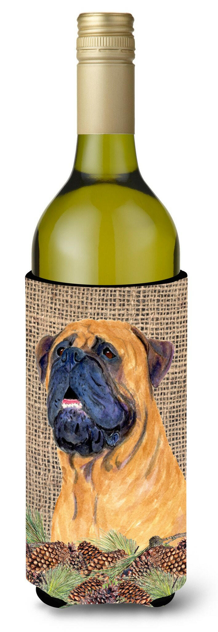Bullmastiff on Faux Burlap with Pine Cones Wine Bottle Beverage Insulator Beverage Insulator Hugger by Caroline&#39;s Treasures