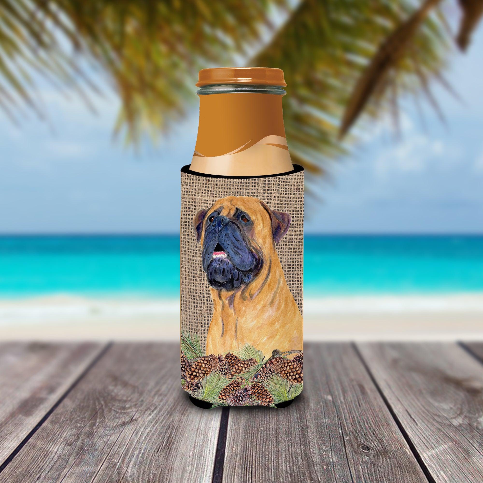 Bullmastiff on Faux Burlap with Pine Cones Ultra Beverage Insulators for slim cans SS4062MUK.