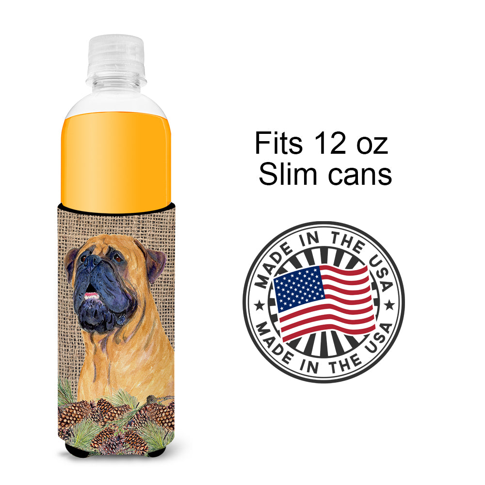 Bullmastiff on Faux Burlap with Pine Cones Ultra Beverage Insulators for slim cans SS4062MUK