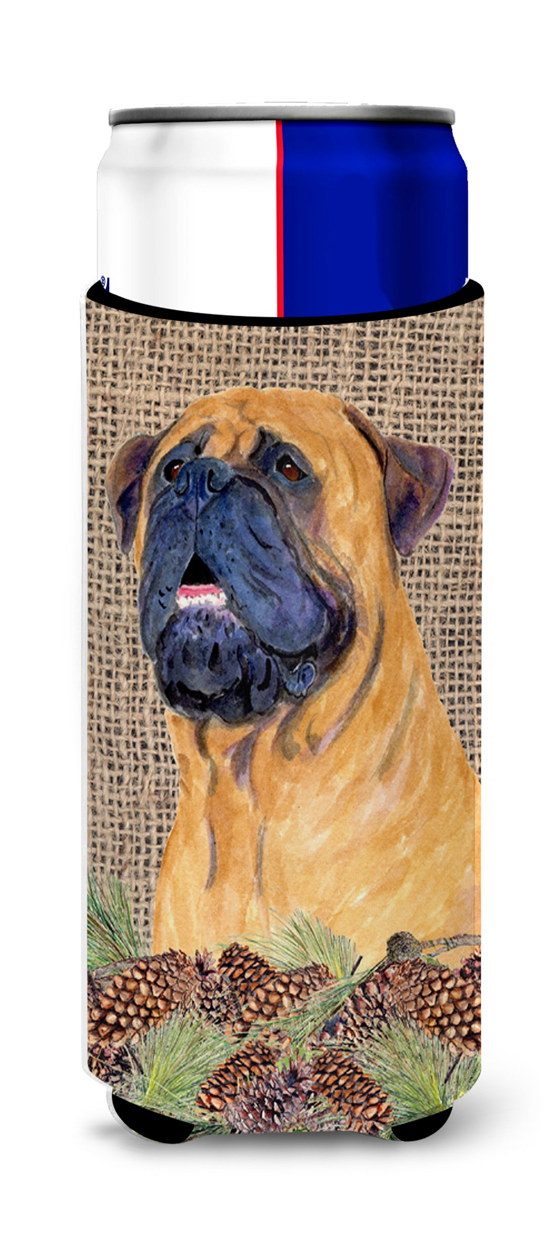 Bullmastiff on Faux Burlap with Pine Cones Ultra Beverage Insulators for slim cans SS4062MUK