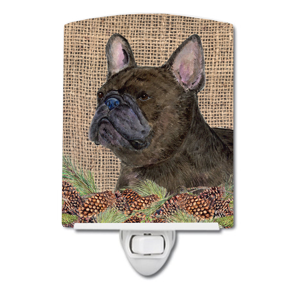 French Bulldog on Faux Burlap with Pine Cones Ceramic Night Light SS4063CNL - the-store.com