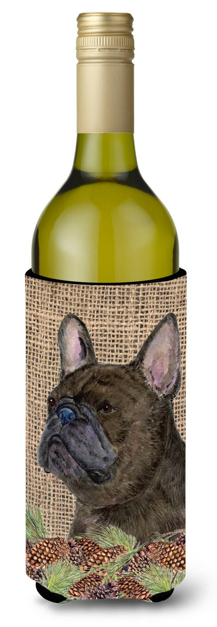 French Bulldog on Faux Burlap with Pine Cones Wine Bottle Beverage Insulator Beverage Insulator Hugger by Caroline's Treasures