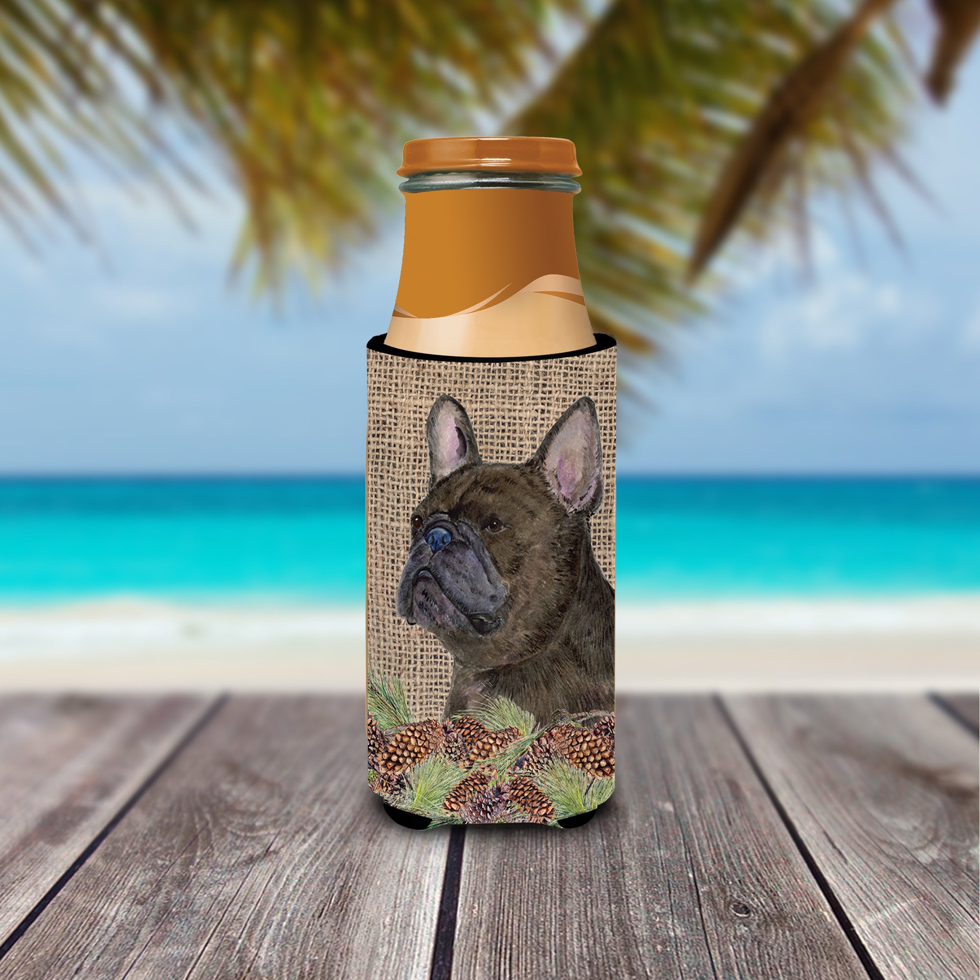 French Bulldog on Faux Burlap with Pine Cones Ultra Beverage Insulators for slim cans SS4063MUK
