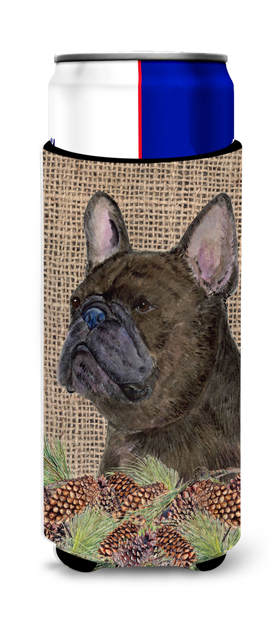 French Bulldog on Faux Burlap with Pine Cones Ultra Beverage Insulators for slim cans SS4063MUK.