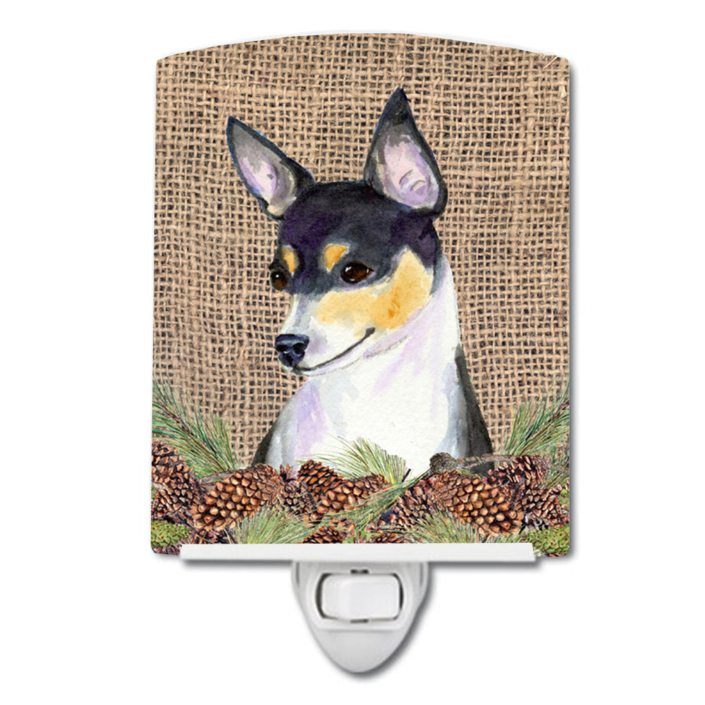 Fox Terrier on Faux Burlap with Pine Cones Ceramic Night Light SS4064CNL - the-store.com