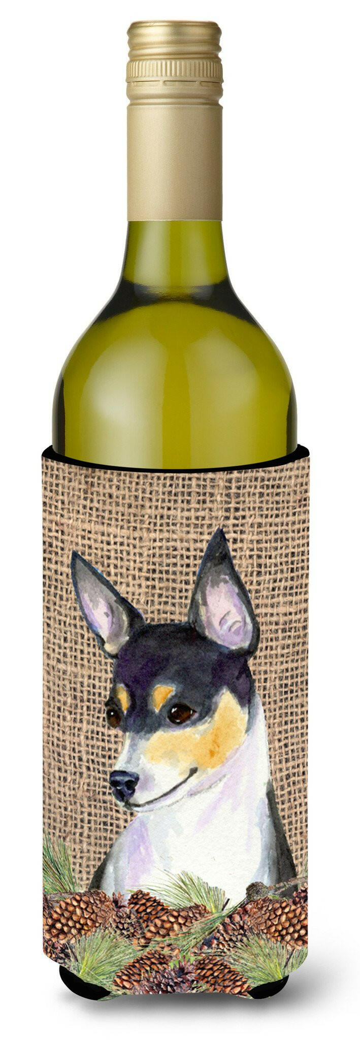 Fox Terrier on Faux Burlap with Pine Cones Wine Bottle Beverage Insulator Beverage Insulator Hugger by Caroline&#39;s Treasures