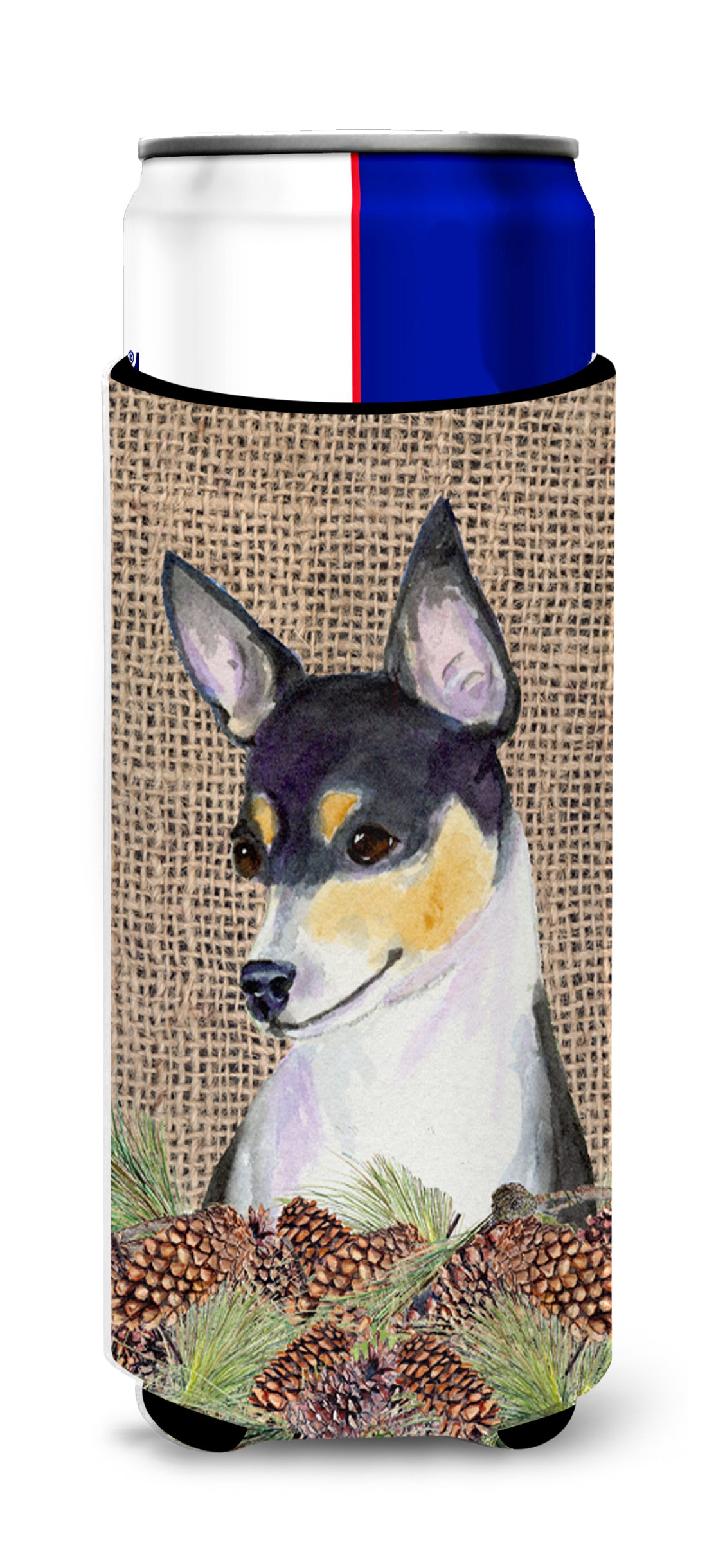 Fox Terrier on Faux Burlap with Pine Cones Ultra Beverage Insulators for slim cans SS4064MUK
