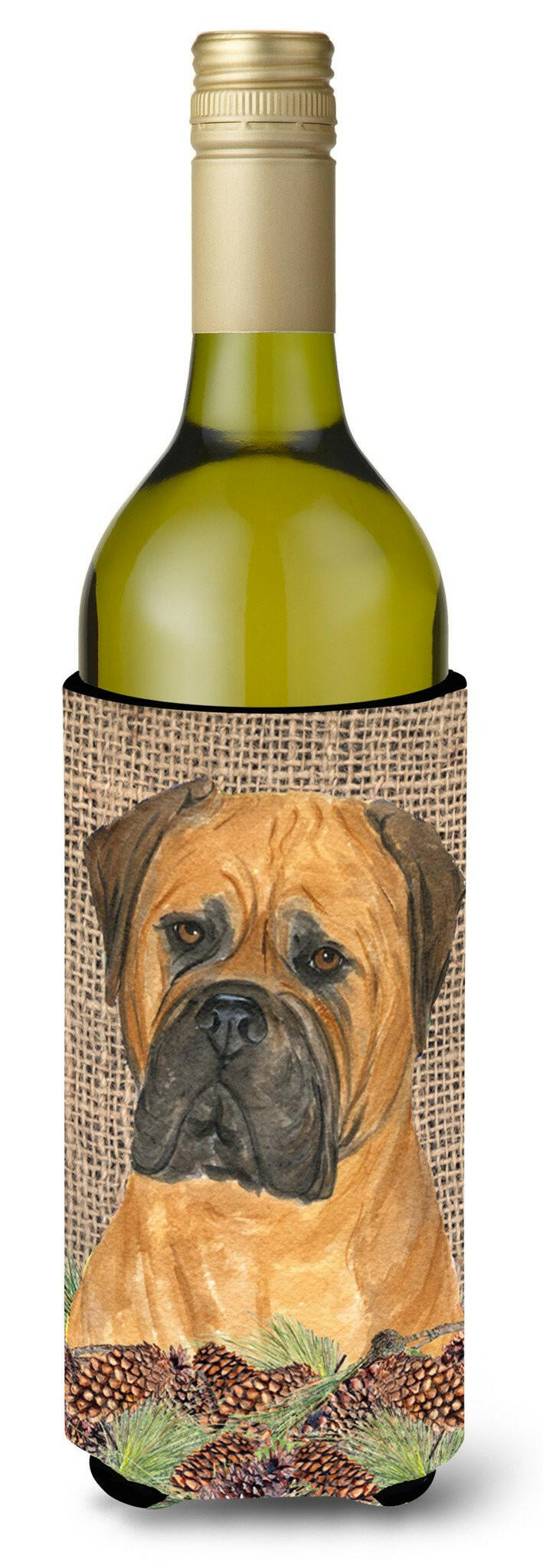 Bullmastiff on Faux Burlap with Pine Cones Wine Bottle Beverage Insulator Beverage Insulator Hugger by Caroline&#39;s Treasures