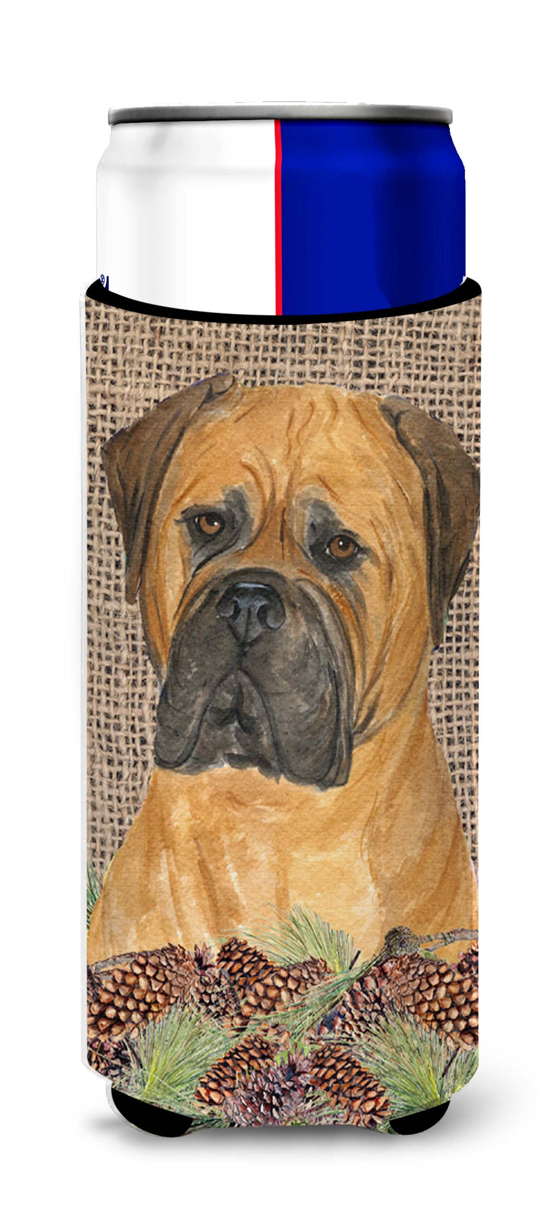 Bullmastiff on Faux Burlap with Pine Cones Ultra Beverage Insulators for slim cans SS4065MUK