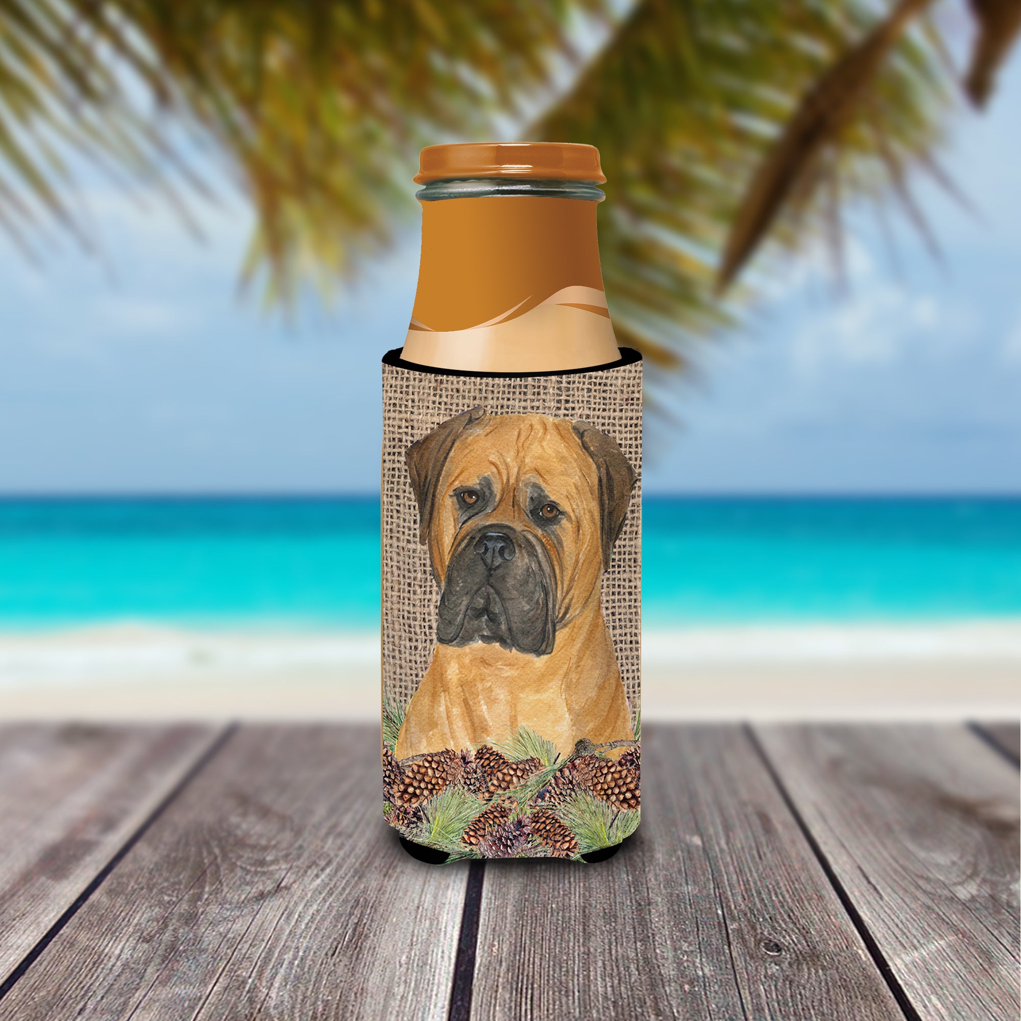 Bullmastiff on Faux Burlap with Pine Cones Ultra Beverage Insulators for slim cans SS4065MUK.
