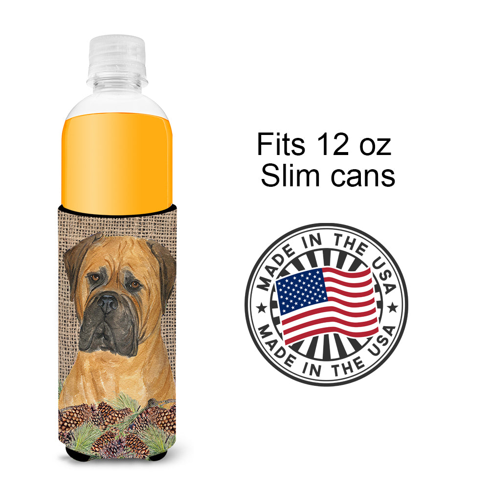 Bullmastiff on Faux Burlap with Pine Cones Ultra Beverage Insulators for slim cans SS4065MUK.