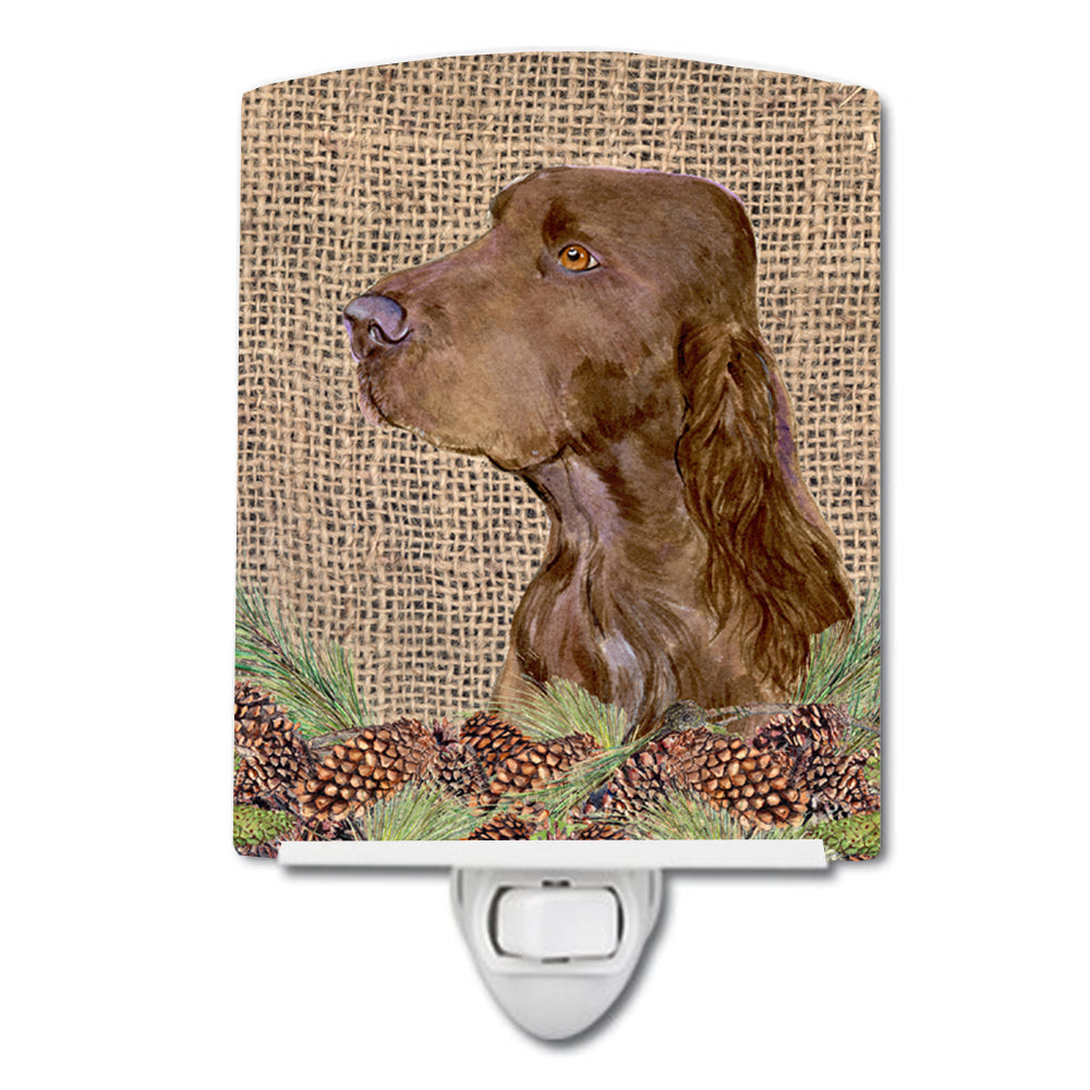 Field Spaniel on Faux Burlap with Pine Cones Ceramic Night Light SS4066CNL - the-store.com