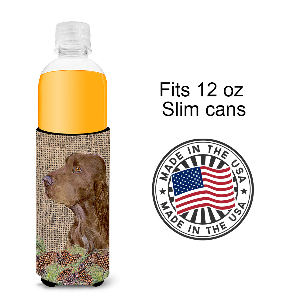 Field Spaniel on Faux Burlap with Pine Cones Ultra Beverage Insulators for slim cans SS4066MUK.