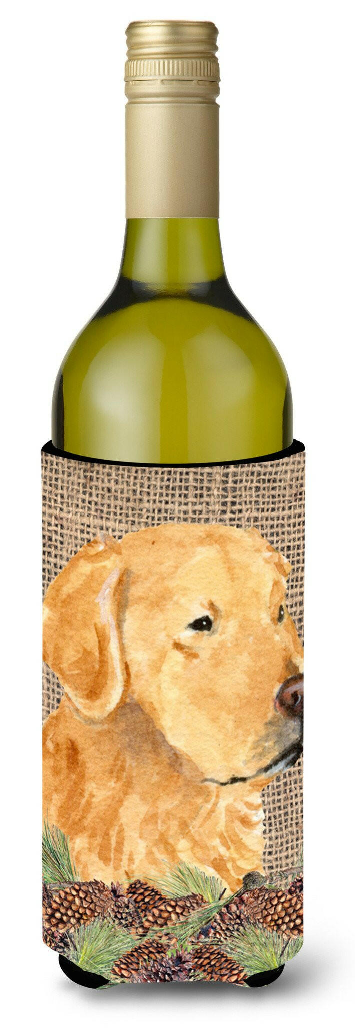 Golden Retriever on Faux Burlap with Pine Cones Wine Bottle Beverage Insulator Beverage Insulator Hugger by Caroline&#39;s Treasures