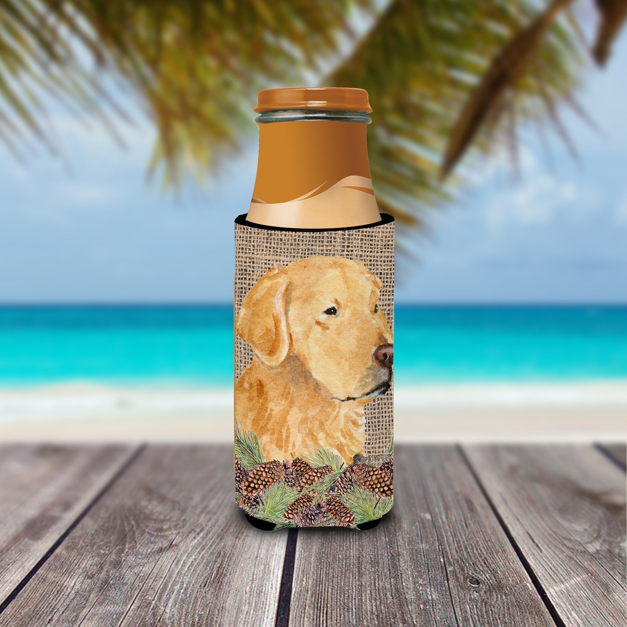 Golden Retriever on Faux Burlap with Pine Cones Ultra Beverage Insulators for slim cans SS4067MUK.
