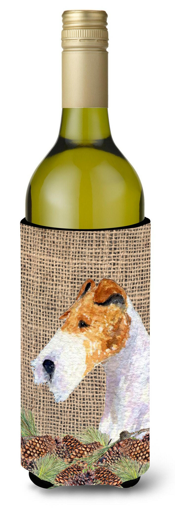 Fox Terrier on Faux Burlap with Pine Cones Wine Bottle Beverage Insulator Beverage Insulator Hugger by Caroline&#39;s Treasures