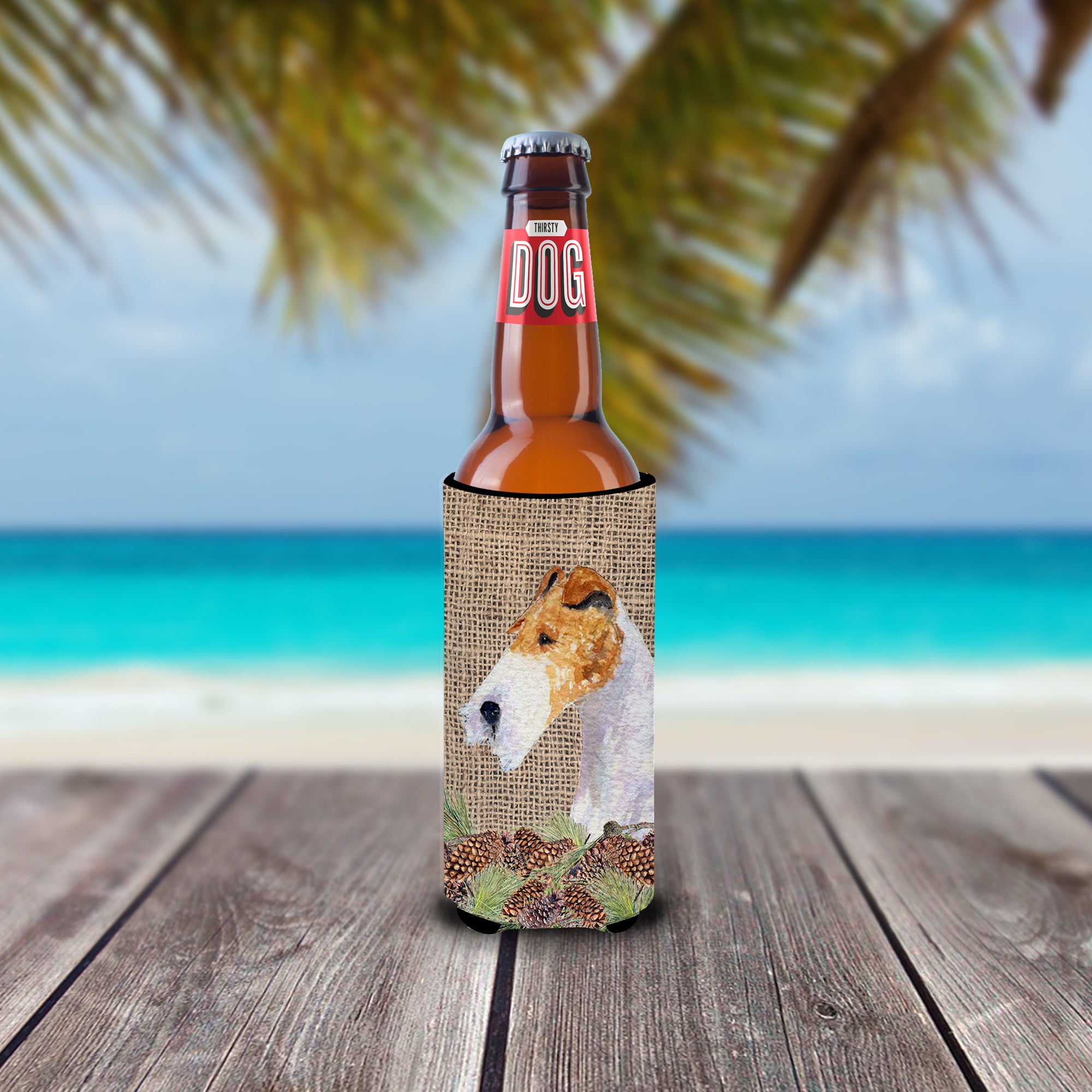 Fox Terrier on Faux Burlap with Pine Cones Ultra Beverage Insulators for slim cans SS4069MUK.