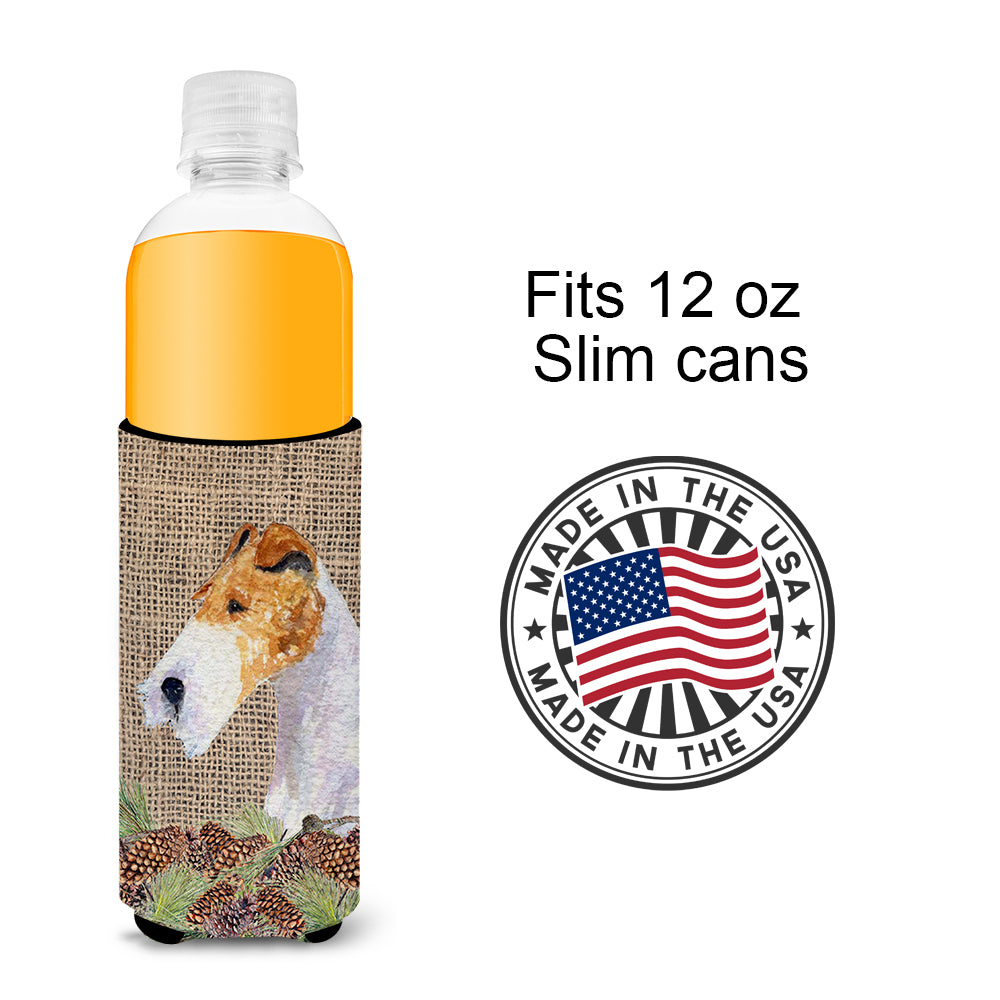 Fox Terrier on Faux Burlap with Pine Cones Ultra Beverage Insulators for slim cans SS4069MUK.
