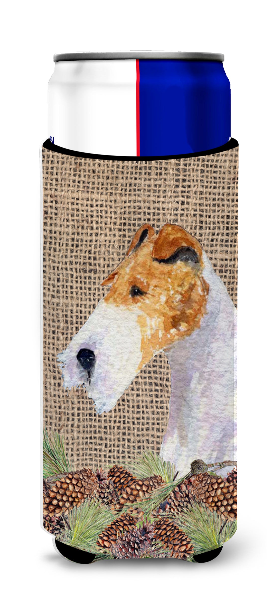 Fox Terrier on Faux Burlap with Pine Cones Ultra Beverage Insulators for slim cans SS4069MUK