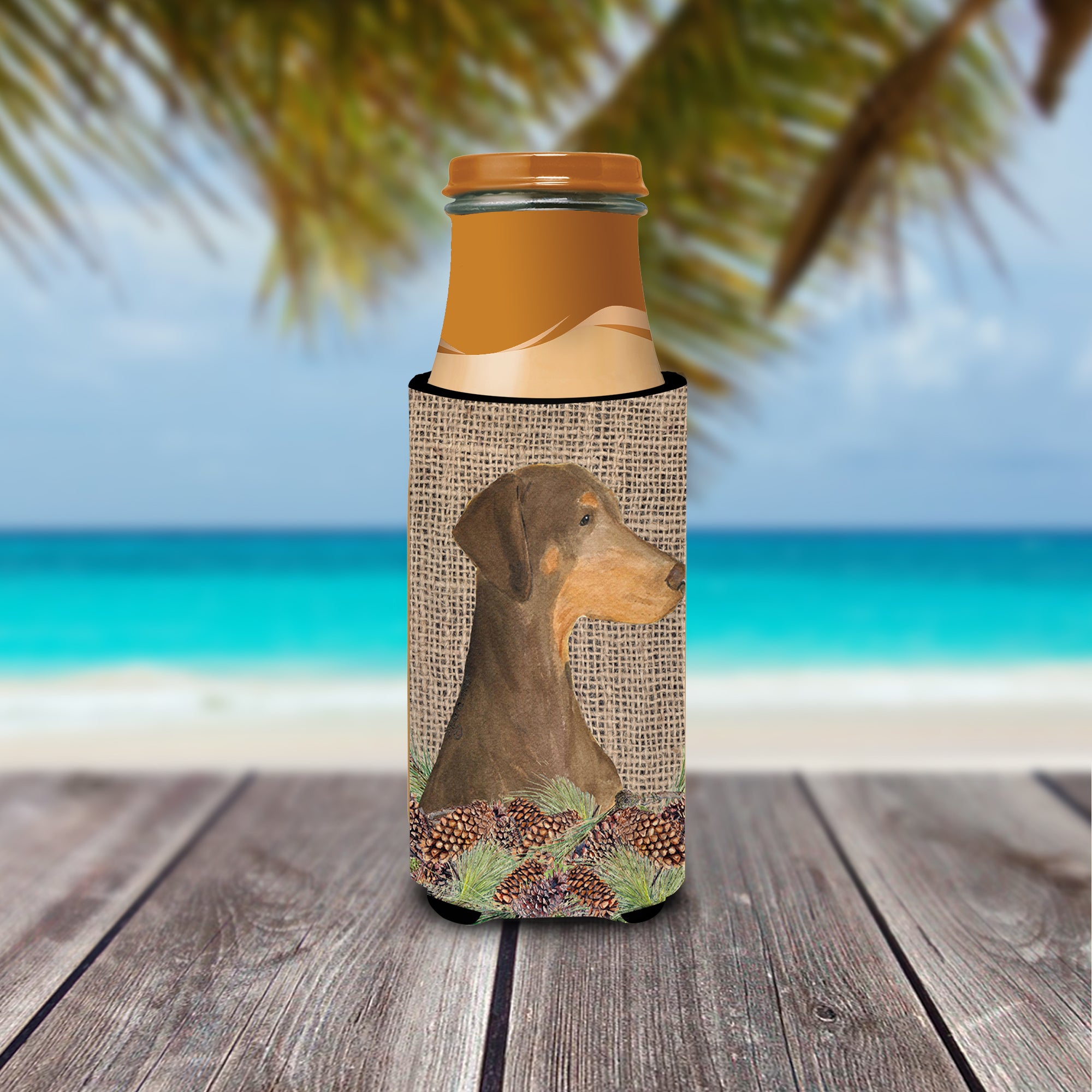 Doberman on Faux Burlap with Pine Cones Ultra Beverage Insulators for slim cans SS4070MUK.