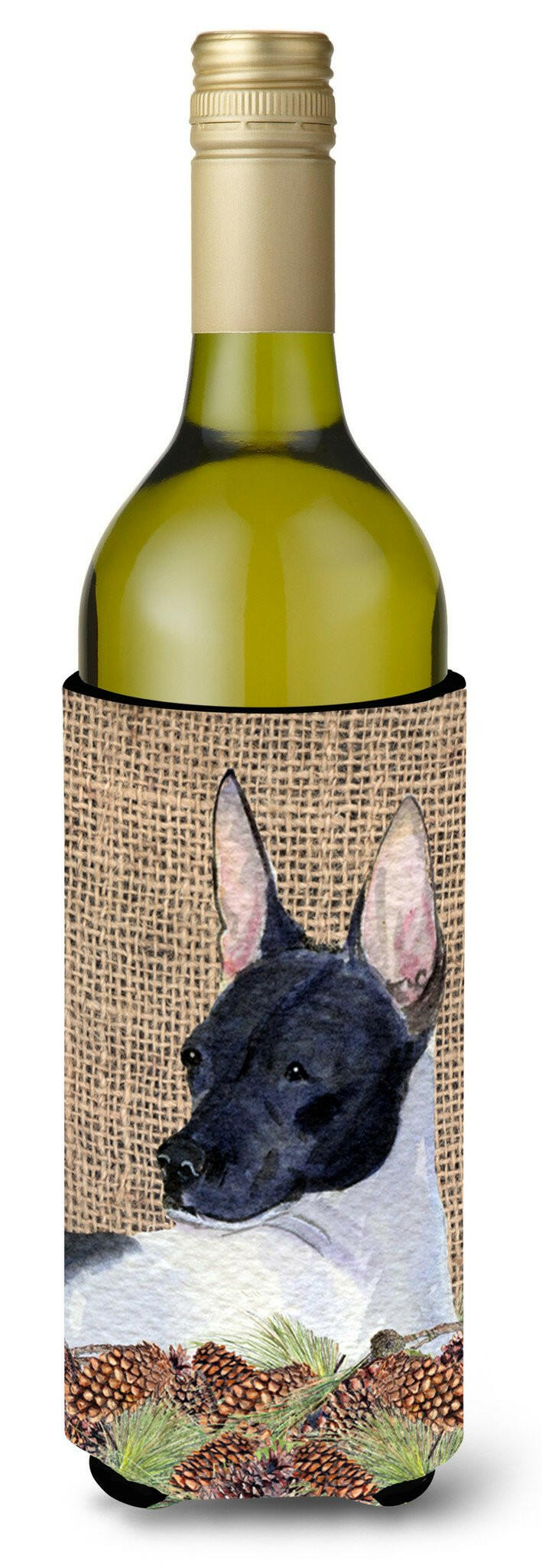 Rat Terrier on Faux Burlap with Pine Cones Wine Bottle Beverage Insulator Beverage Insulator Hugger by Caroline&#39;s Treasures