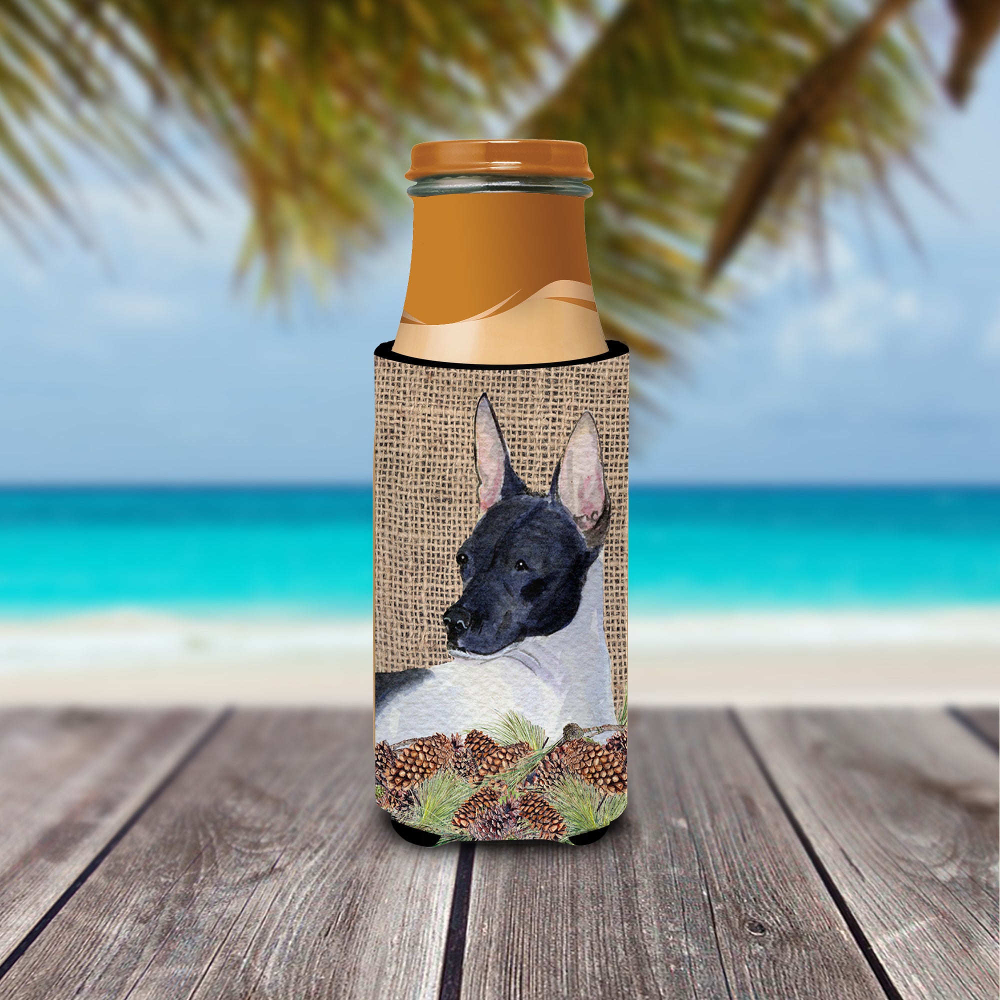 Rat Terrier on Faux Burlap with Pine Cones Ultra Beverage Insulators for slim cans SS4071MUK.