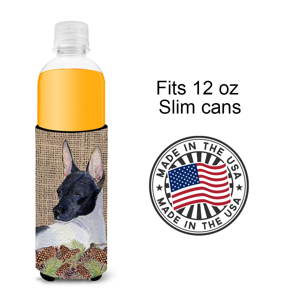 Rat Terrier on Faux Burlap with Pine Cones Ultra Beverage Insulators for slim cans SS4071MUK