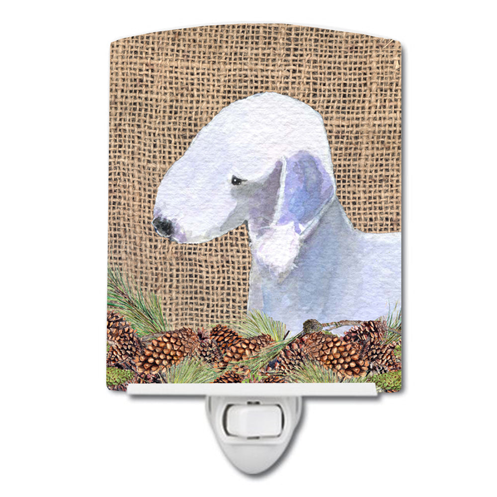 Bedlington Terrier on Faux Burlap with Pine Cones Ceramic Night Light SS4074CNL - the-store.com
