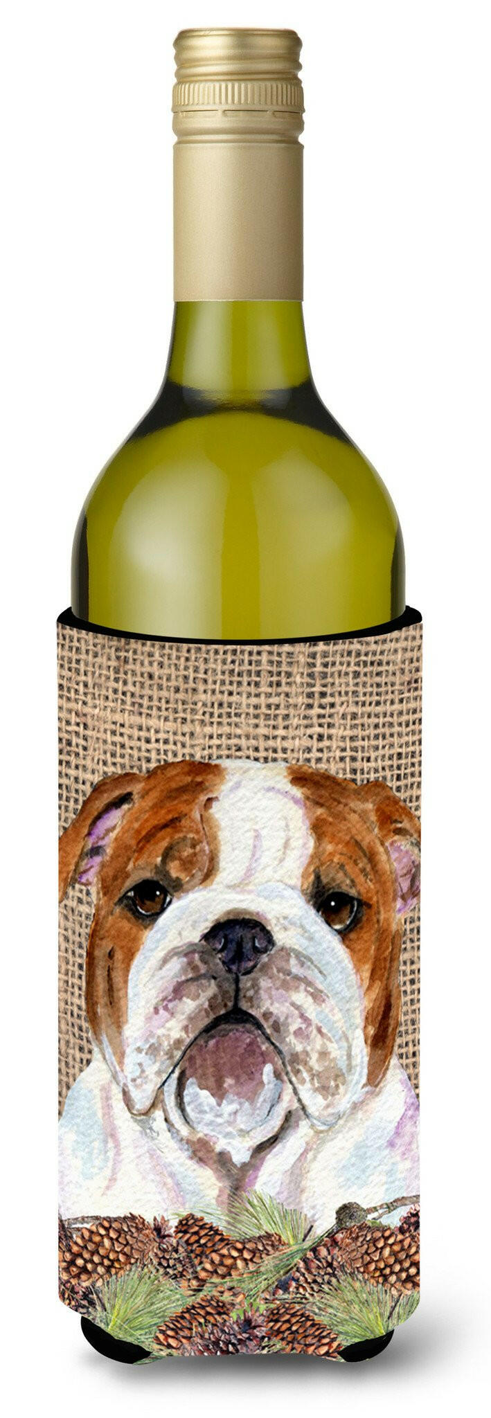 Bulldog English on Faux Burlap with Pine Cones Wine Bottle Beverage Insulator Beverage Insulator Hugger by Caroline&#39;s Treasures