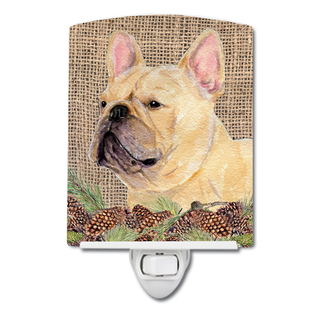 French Bulldog on Faux Burlap with Pine Cones Ceramic Night Light SS4076CNL - the-store.com