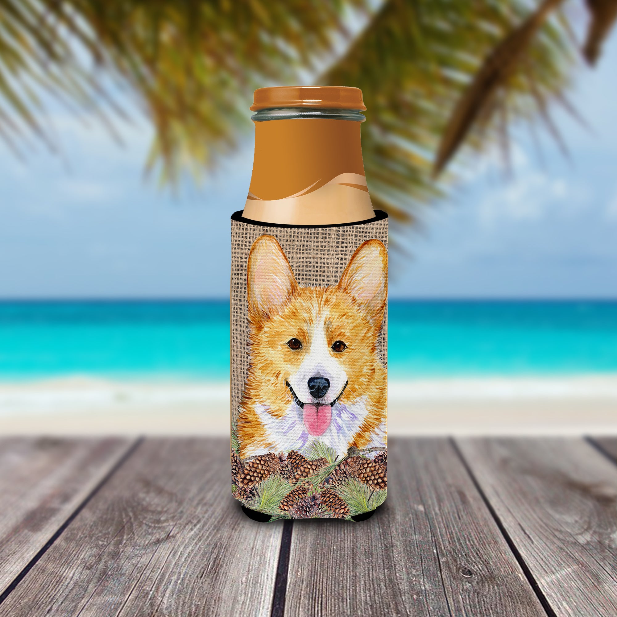 Corgi on Faux Burlap with Pine Cones Ultra Beverage Insulators for slim cans SS4077MUK.