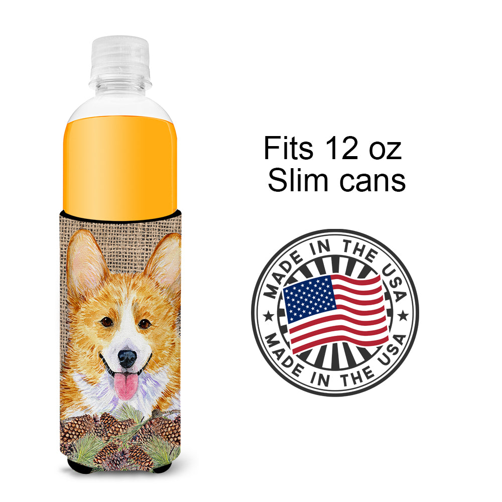 Corgi on Faux Burlap with Pine Cones Ultra Beverage Insulators for slim cans SS4077MUK