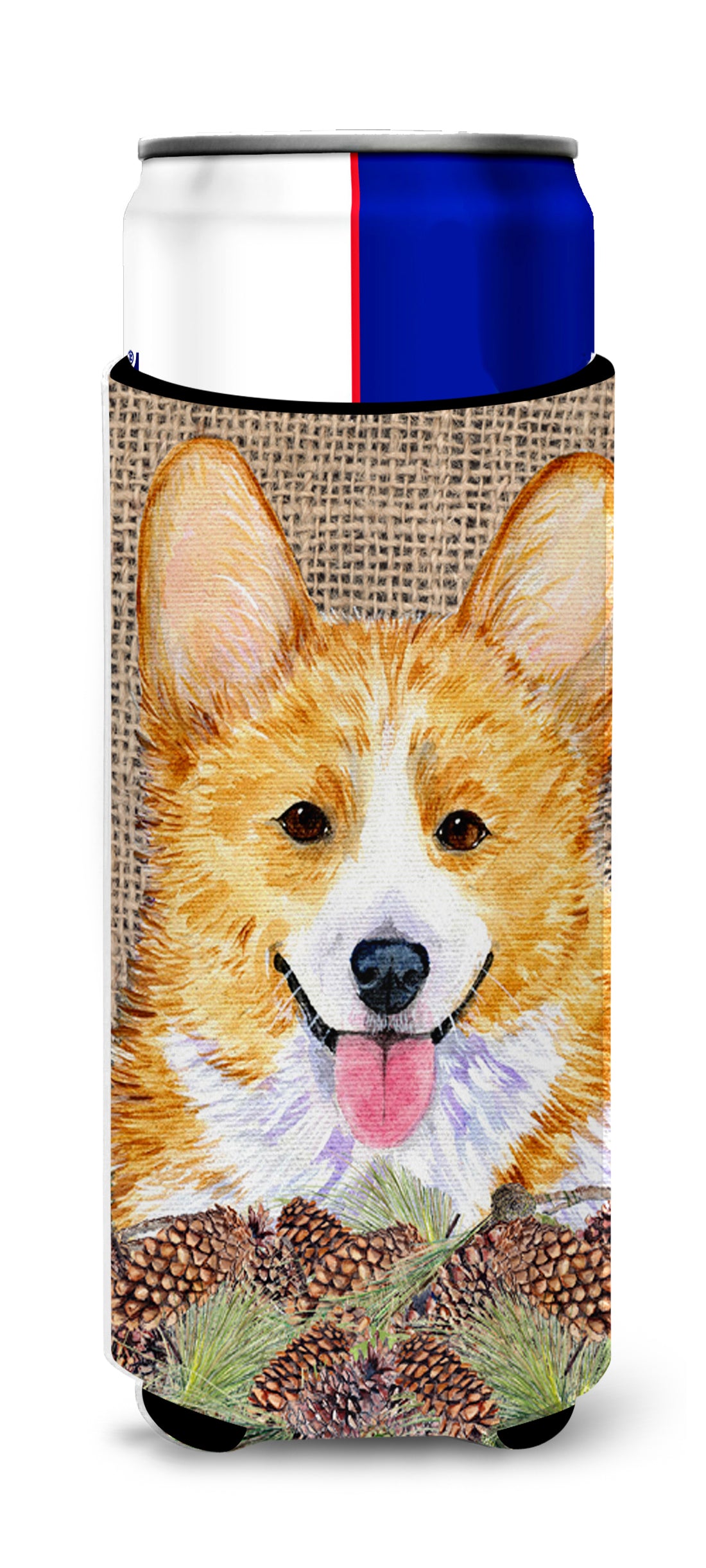 Corgi on Faux Burlap with Pine Cones Ultra Beverage Insulators for slim cans SS4077MUK.