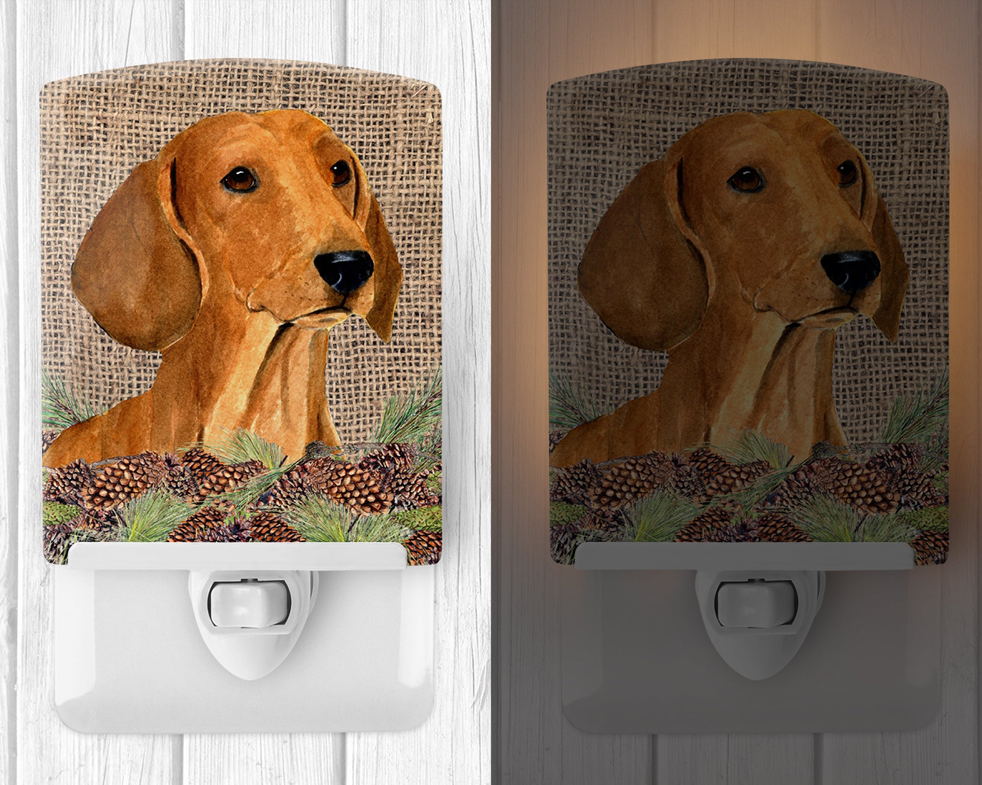 Dachshund on Faux Burlap with Pine Cones Ceramic Night Light SS4078CNL - the-store.com