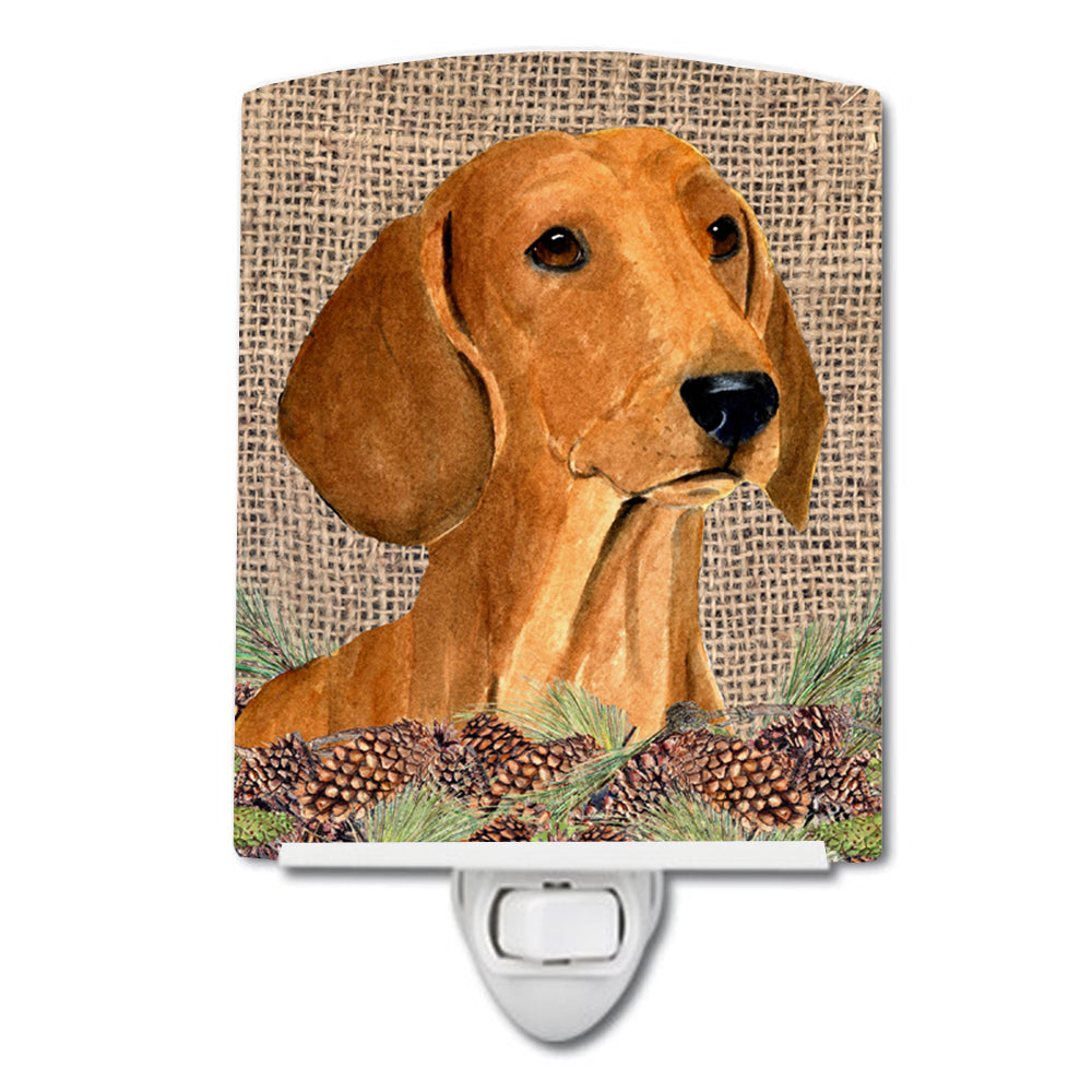 Dachshund on Faux Burlap with Pine Cones Ceramic Night Light SS4078CNL - the-store.com