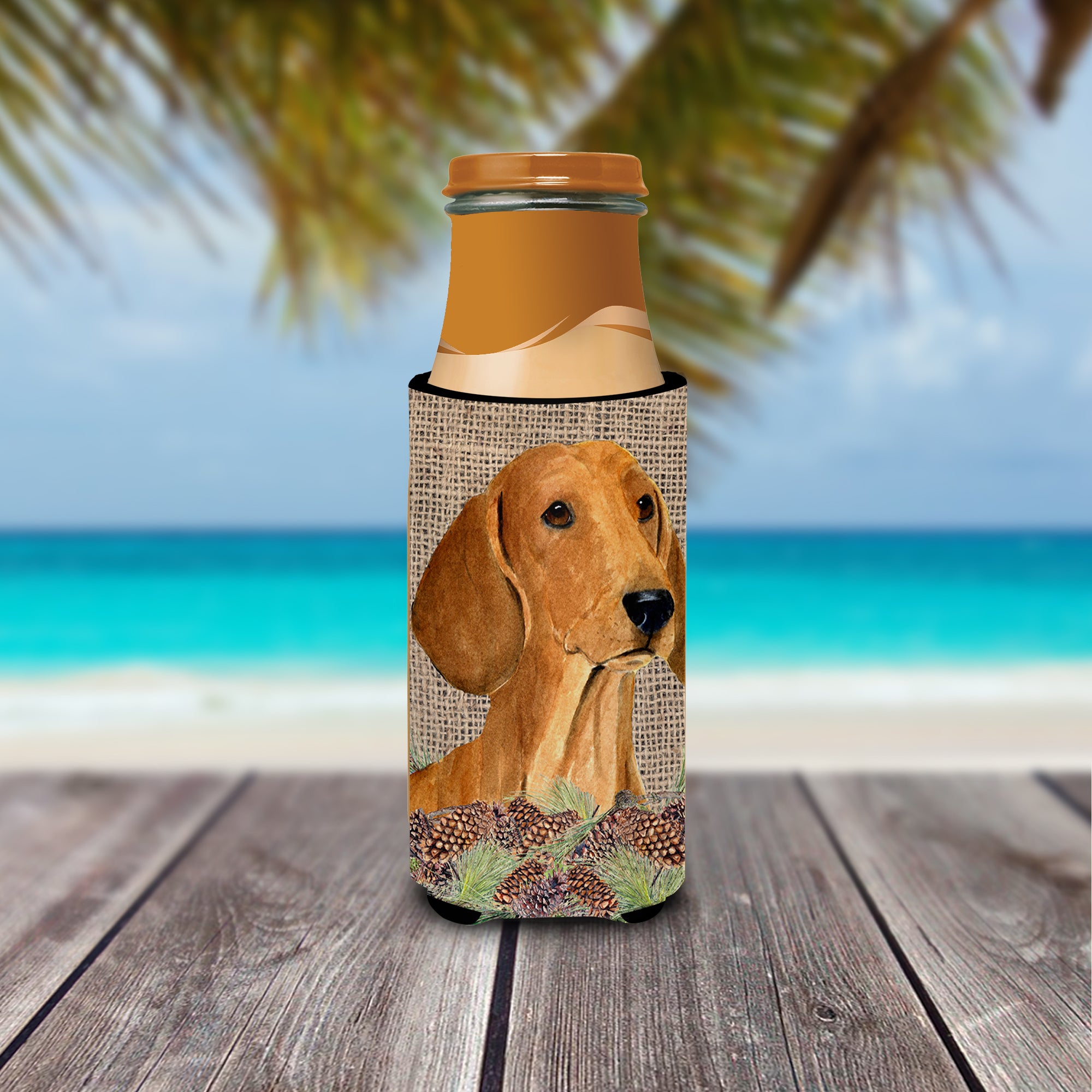 Dachshund on Faux Burlap with Pine Cones Ultra Beverage Insulators for slim cans SS4078MUK.