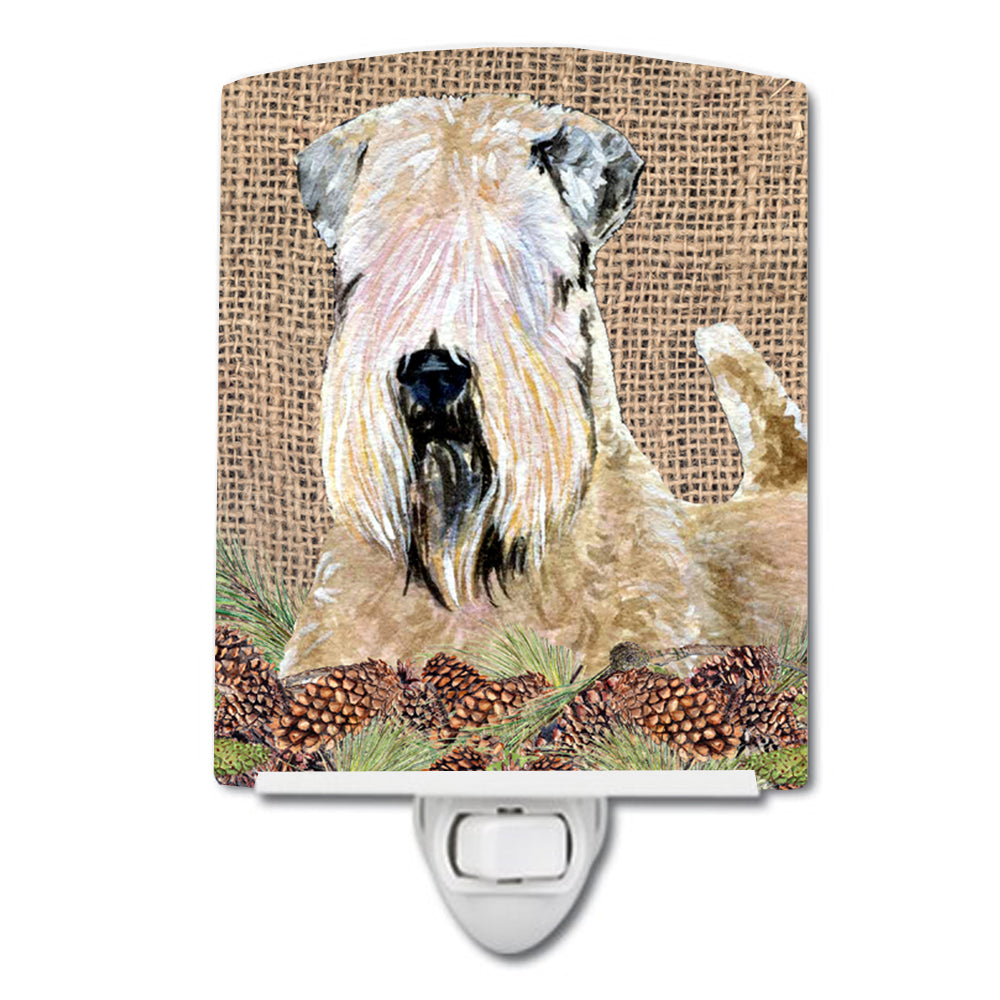 Wheaten Terrier Soft Coated on Faux Burlap with Pine Cones Ceramic Night Light SS4079CNL - the-store.com