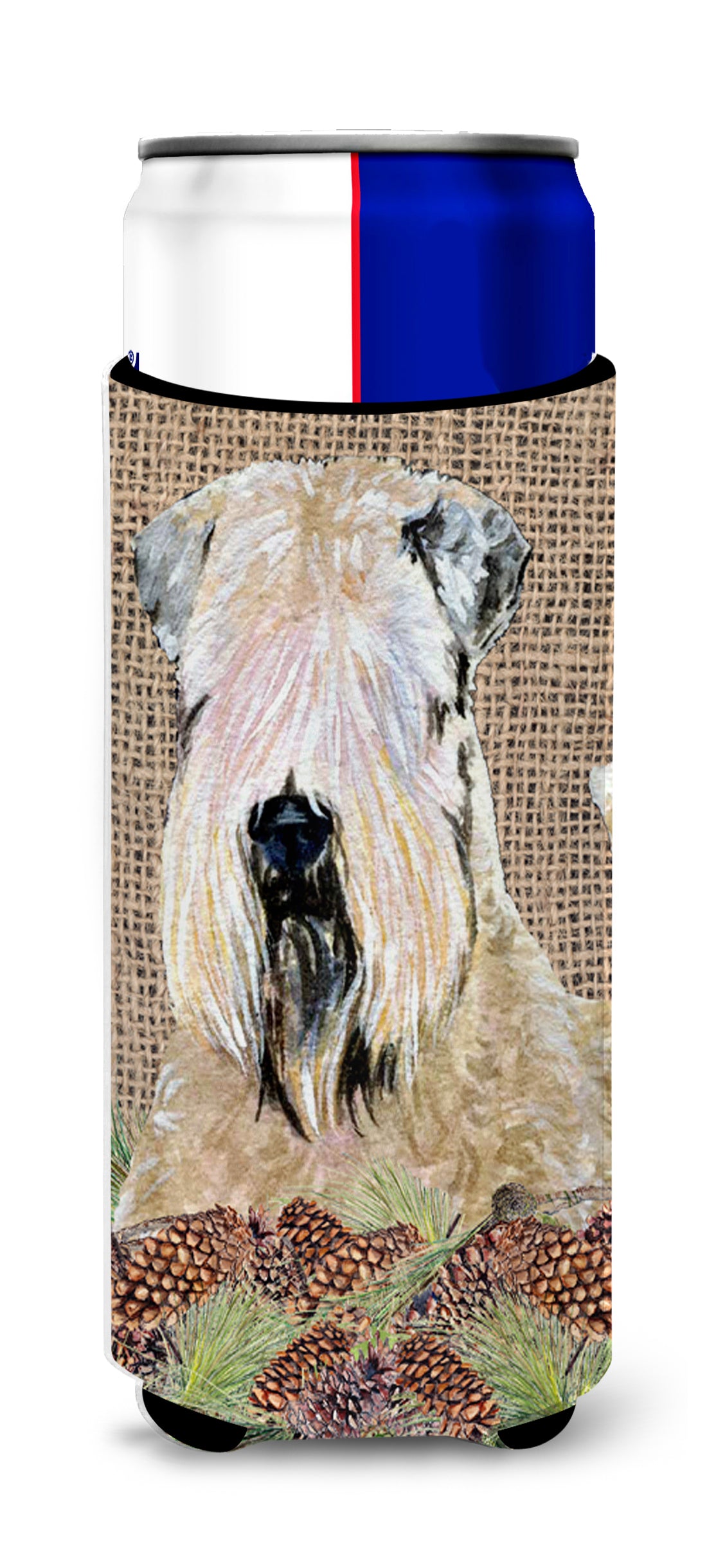 Wheaten Terrier Soft Coated on Faux Burlap with Pine Cones Ultra Beverage Insulators for slim cans SS4079MUK