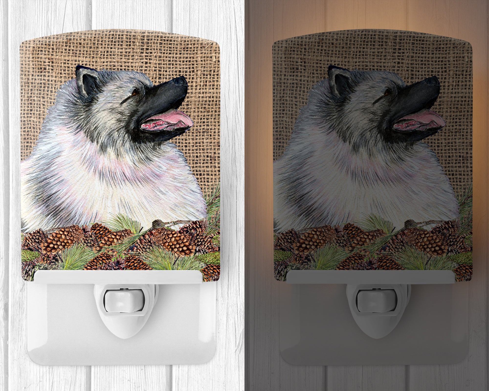 Keeshond on Faux Burlap with Pine Cones Ceramic Night Light SS4080CNL - the-store.com