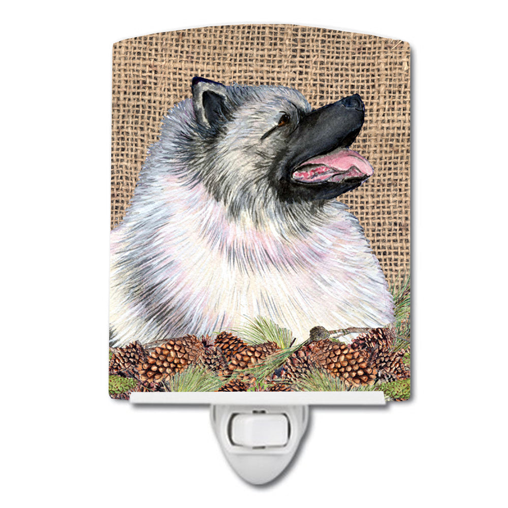 Keeshond on Faux Burlap with Pine Cones Ceramic Night Light SS4080CNL - the-store.com
