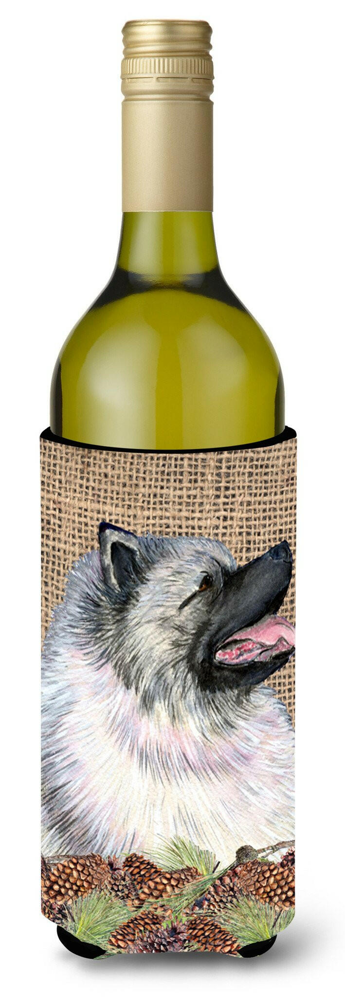 Keeshond on Faux Burlap with Pine Cones Wine Bottle Beverage Insulator Beverage Insulator Hugger by Caroline&#39;s Treasures